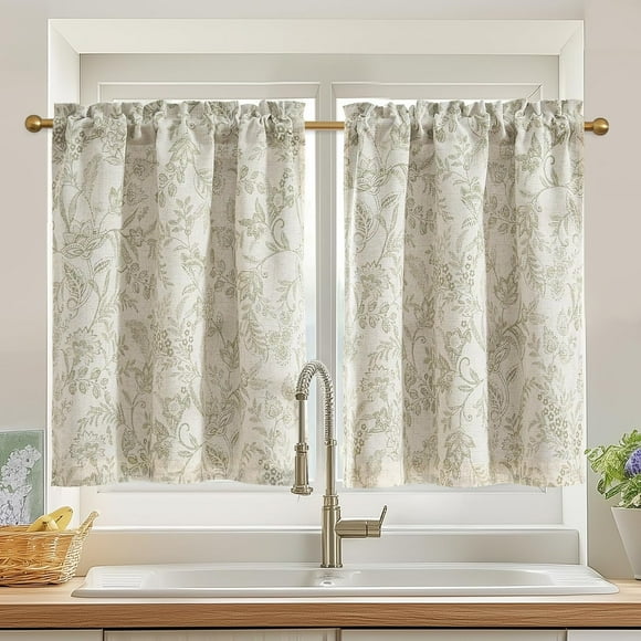 Green Floral Kitchen Curtains 36 Inch Length Linen Farmhouse Cafe Tier Set - Small Rustic Country Room Darkening Lined Rod Pocket, Set of 2, Sage Green on Beige