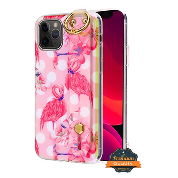 Apple iPhone 11 PRO Phone Case Multifunction Hybrid Flowers Hologram Soft TPU Armor Protective Hard PC with Wristband Stand Holder /Wrist Hand Strap [Pink Flamingo] Cover for Apple iPhone 11 Pro /5.8"