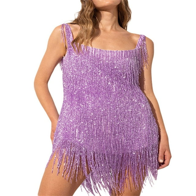 PENGXIANG Femmes Spaghetti Sangle Bodycon Mini Robe Paillettes Pompons Paillettes Franges Fête Paillettes Robe de Danse Scintillant