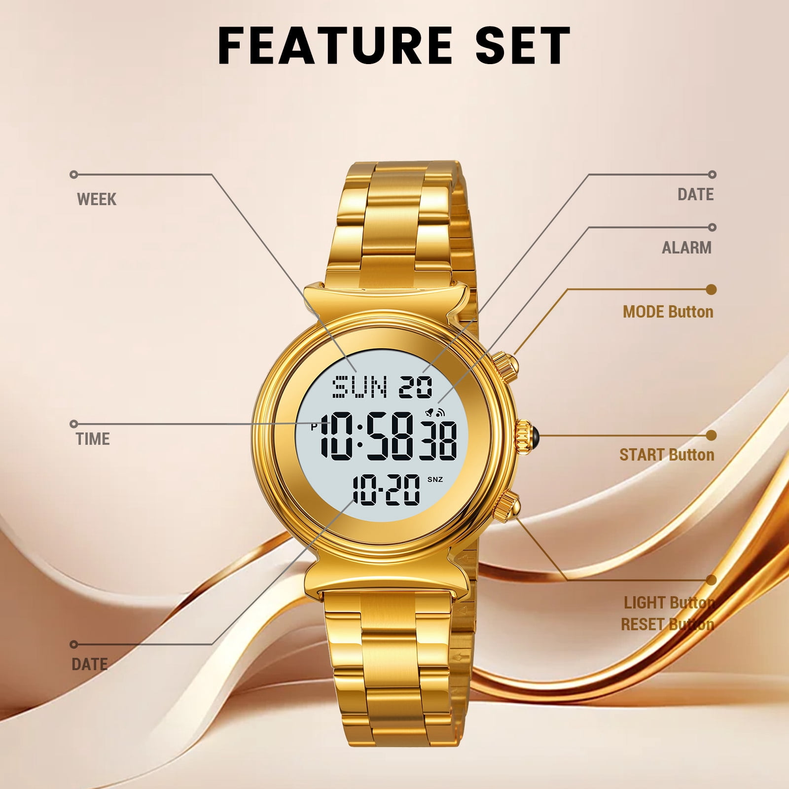 SKMEI Women Digital Watch Waterproof Dual Time Date LED Watch Ladies Business Wristwatch Stainless Steel Watch for Women