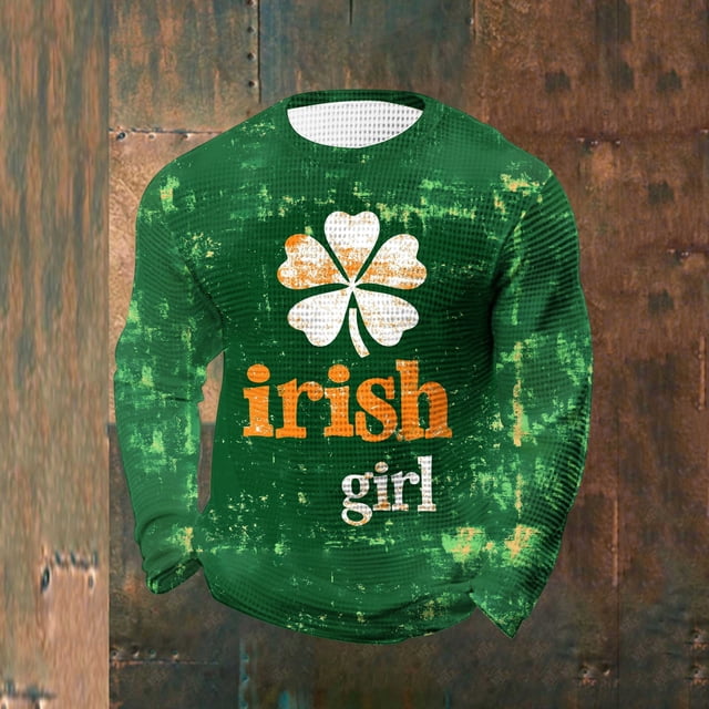 Ceisia Men's St. Patrick's Day Distressed Irish Waffle Knit Top | Long Sleeve Crew Neck Casual Tee Gifts