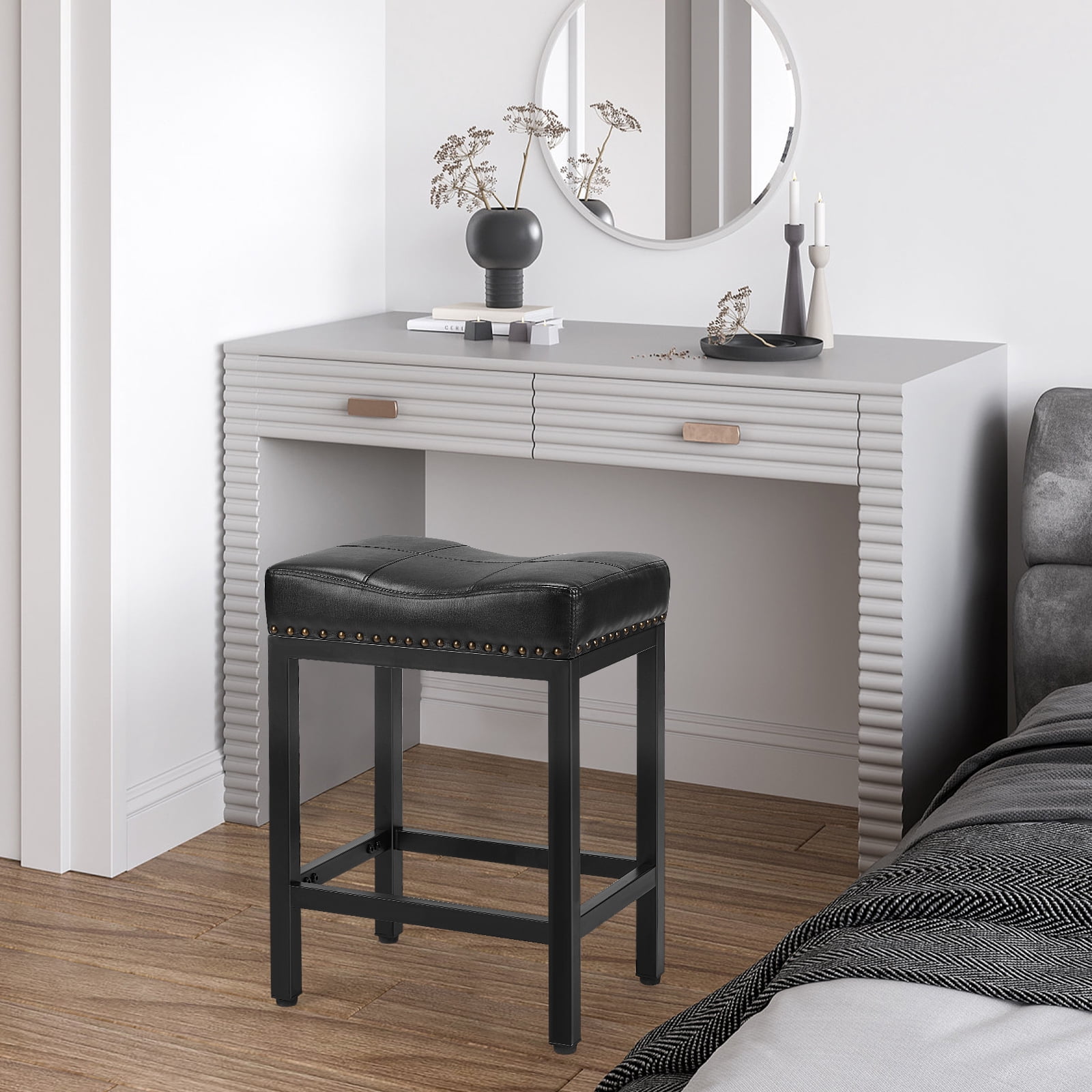 JIOABL Bar Stools Set of 4, Upholstered Modern Counter Height 24 Inch Bar Stools, PU Leather, For Kitchen, Living Room, Black