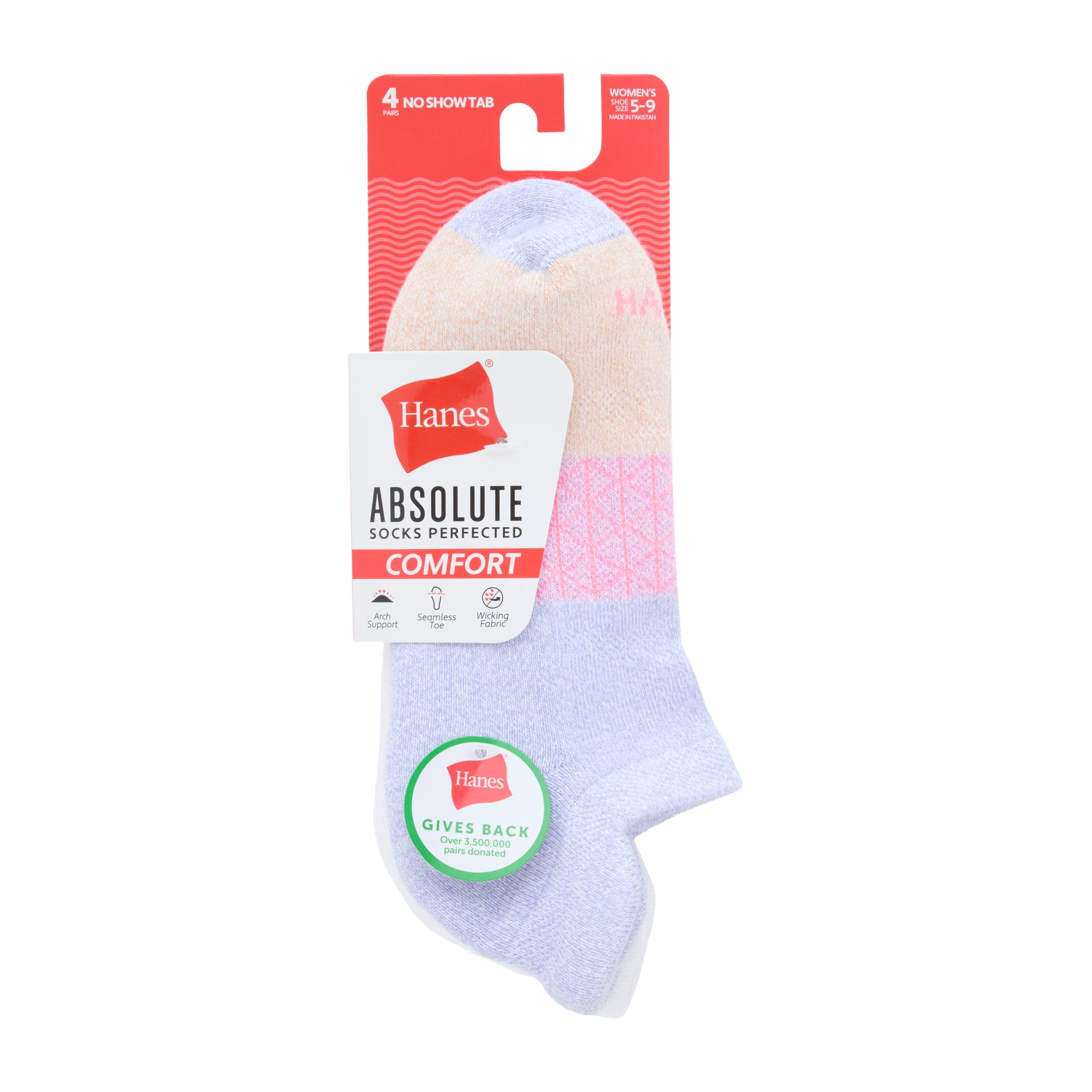 Hanes Womens Absolute Comfort No-Show Socks w/ Heel Shield, 4-Pack, Size 5-9