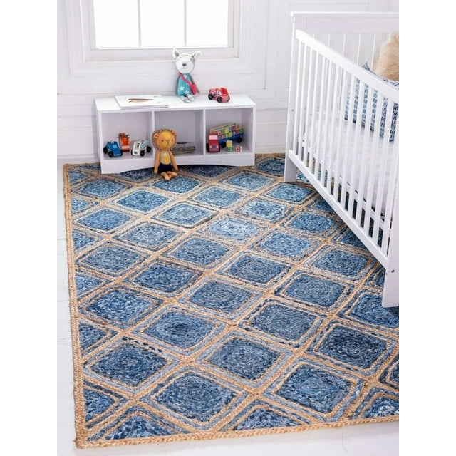 Aizza Trends Hand Made Hand Braided Natural Jute and Denim Floor Area Rug / Floor Carpet Rug / Natural Jute Rug