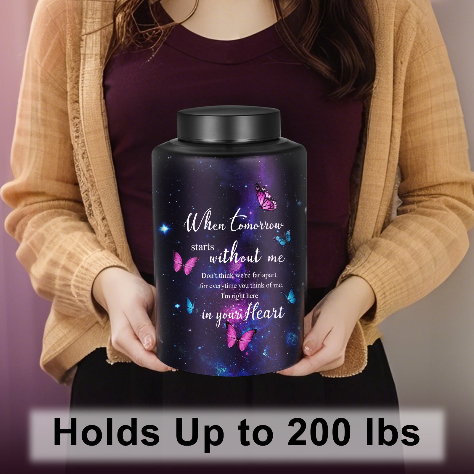 XIUDA 10 Inches Cremation Urns for Human Ashes Keepsakes Urns Purple Butterfly Urn for Human Ashes Decorative Urns for Adult Male Memorial Stainless Steel Funeral Burial Um - Up to 200 lbs