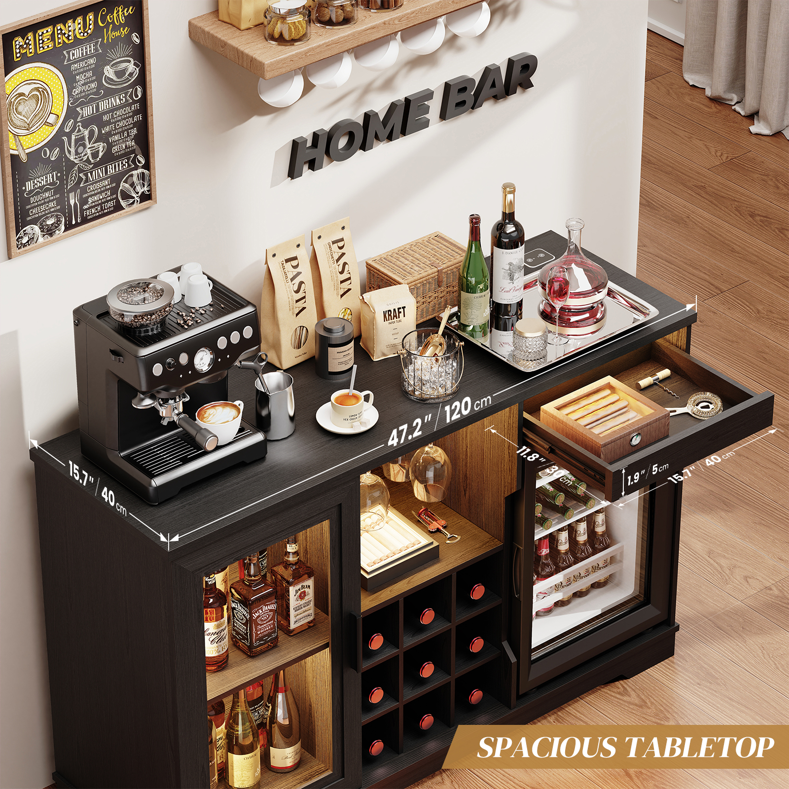 BROTTAR Wine Bar Cabinet with Fridge (Included), 47" Liquor Coffee Bar Cabinet with LED Lights & Rack, Mini Fridge Cabinet with Storage, Human Body Sensor, Buffet Sideboard for Dining Room, Black