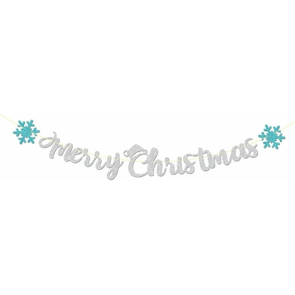 Merry Christmas Banner, Silver Glitter Christmas Party Holiday Party Decorations, Christmas Tree, Mantle Home Decor