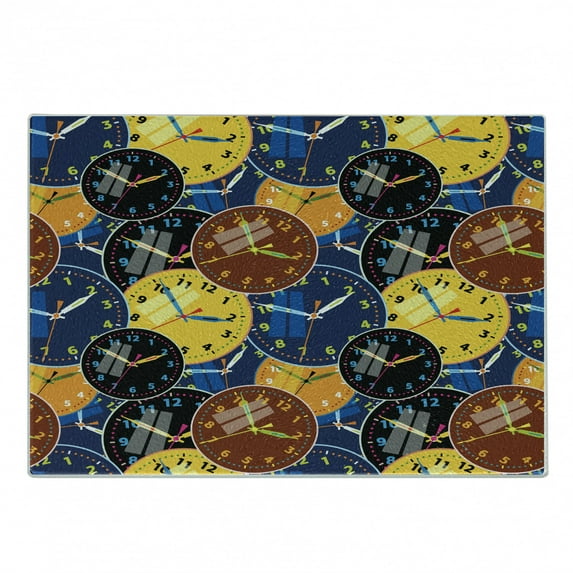 Clock Cutting Board, Pattern Faces on It Vintage Style Inspired Illustration Design, Decorative Tempered Glass Cutting and Serving Board, Small Size, Yellow and Black, by Ambesonne