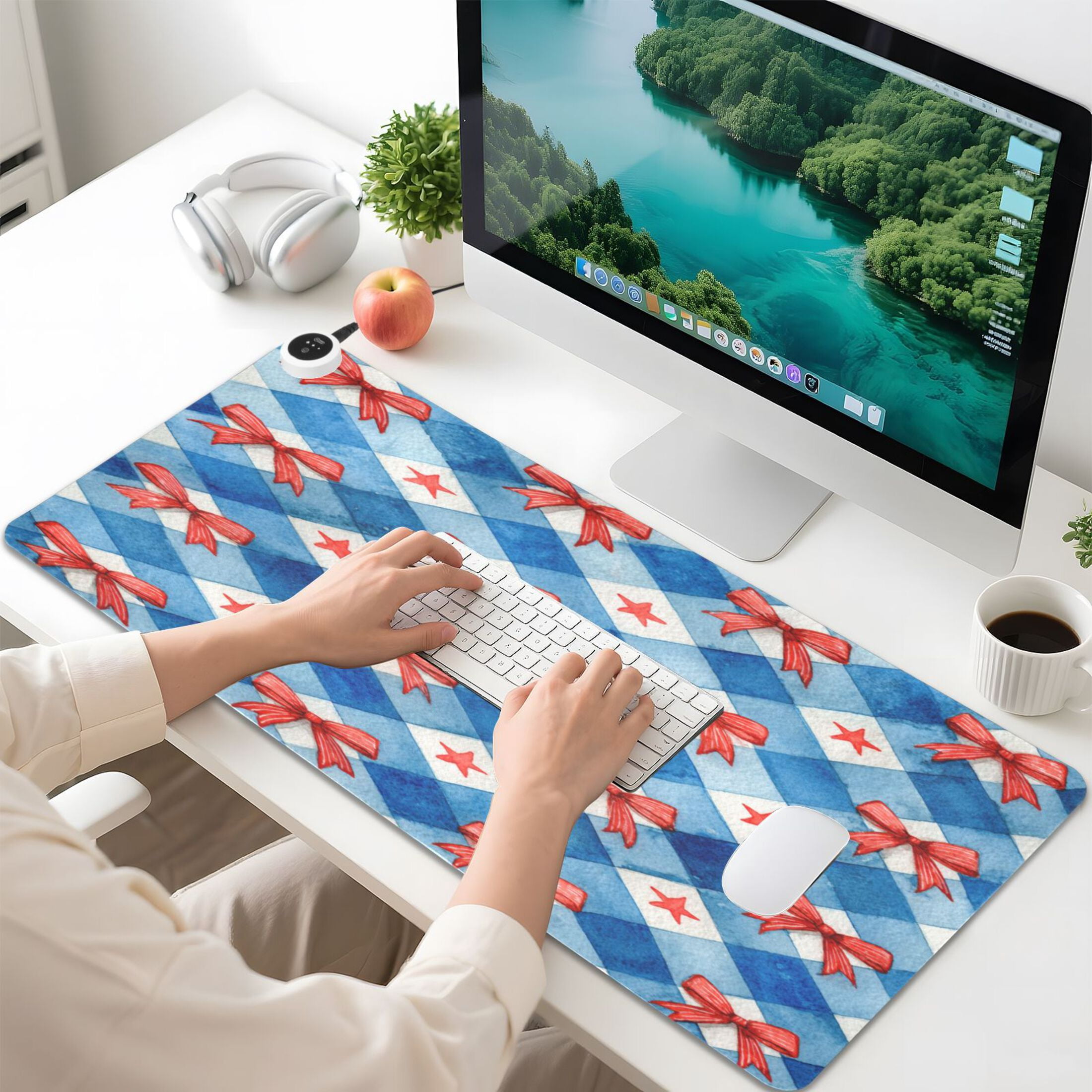 Large Heated Desk Mat Mouse Pad 31.5"x13"PU Leather Graphene Heating Desk Warmer with 3 Temperature Settings 110V US Plug Non-Slip Warm Pad for Home, Office, and Gaming Vibrant Red Bows Pattern