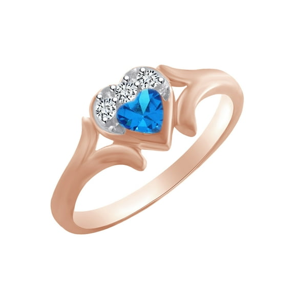 AFFY Heart Shape Simulated Blue Topaz & White Cubic Zirconia Heart Promise Ring In 14k Rose Gold Over Sterling Silver Ring Size-4