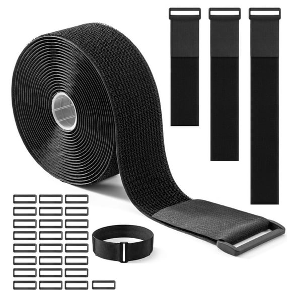 5cm x 5m Heavy Duty Velcro Tape with 25 Buckles - Adjustable, Cut to Size and Reusable, Ideal for Cables, Hoses, Pipes and More