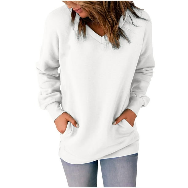 Sudadera holgada de manga larga con cuello en V de Color sólido clásico para mujer con blusa de bolsillo Pompotops FGAJ15005