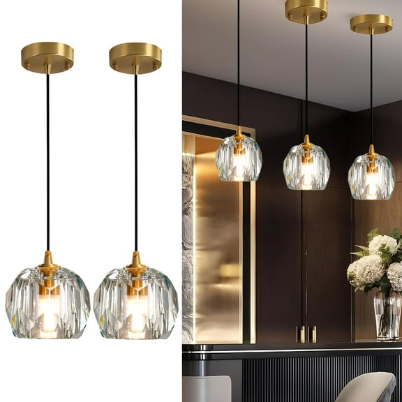 CAMOTUSE Modern Crystal Island Pendant Lighting Mini Vintage Glass Foyer Chandelier Contemporary Soccer Ball Shape Ceiling Hanging Lights Fixture for Kitchen Island Living Room Bedroom Brass, 2 Pack