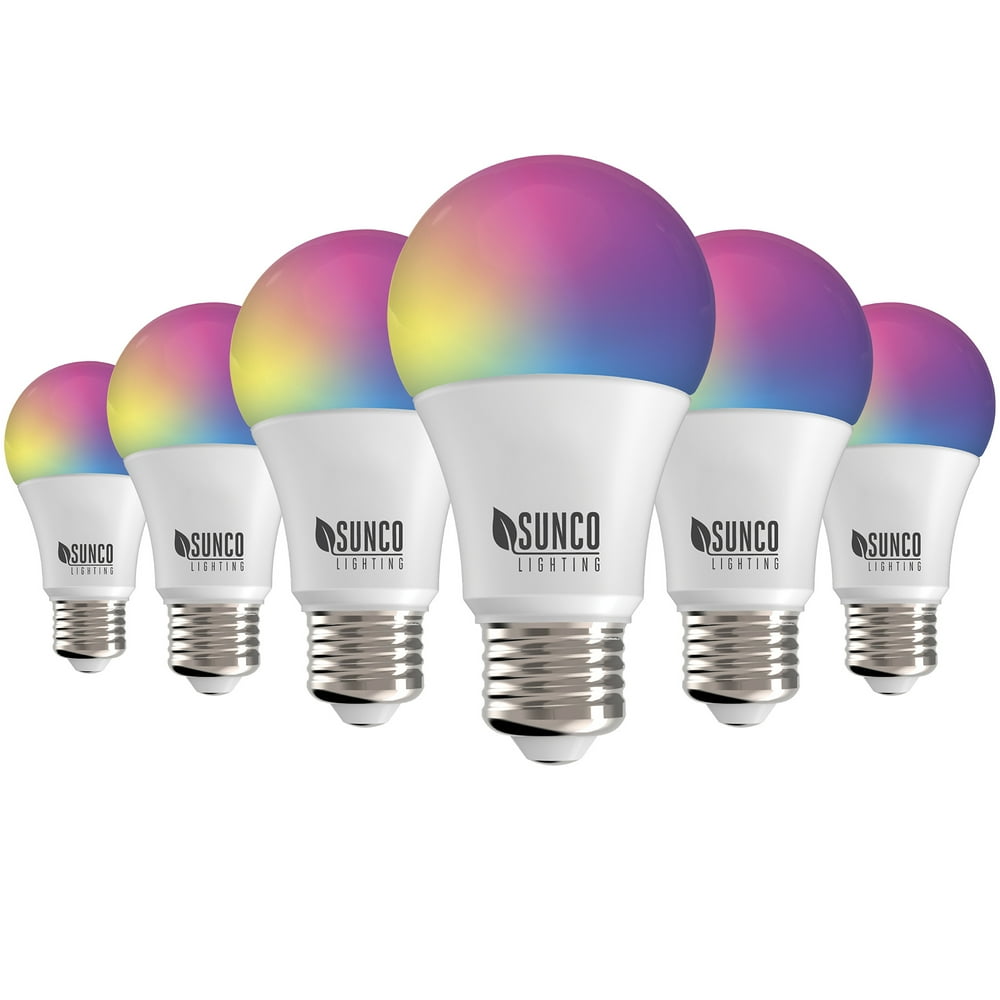 Sunco Lighting 6 Pack WiFi LED Smart Bulb, A19, 6W, Color Changing (RGB & CCT), Dimmable, 480 LM