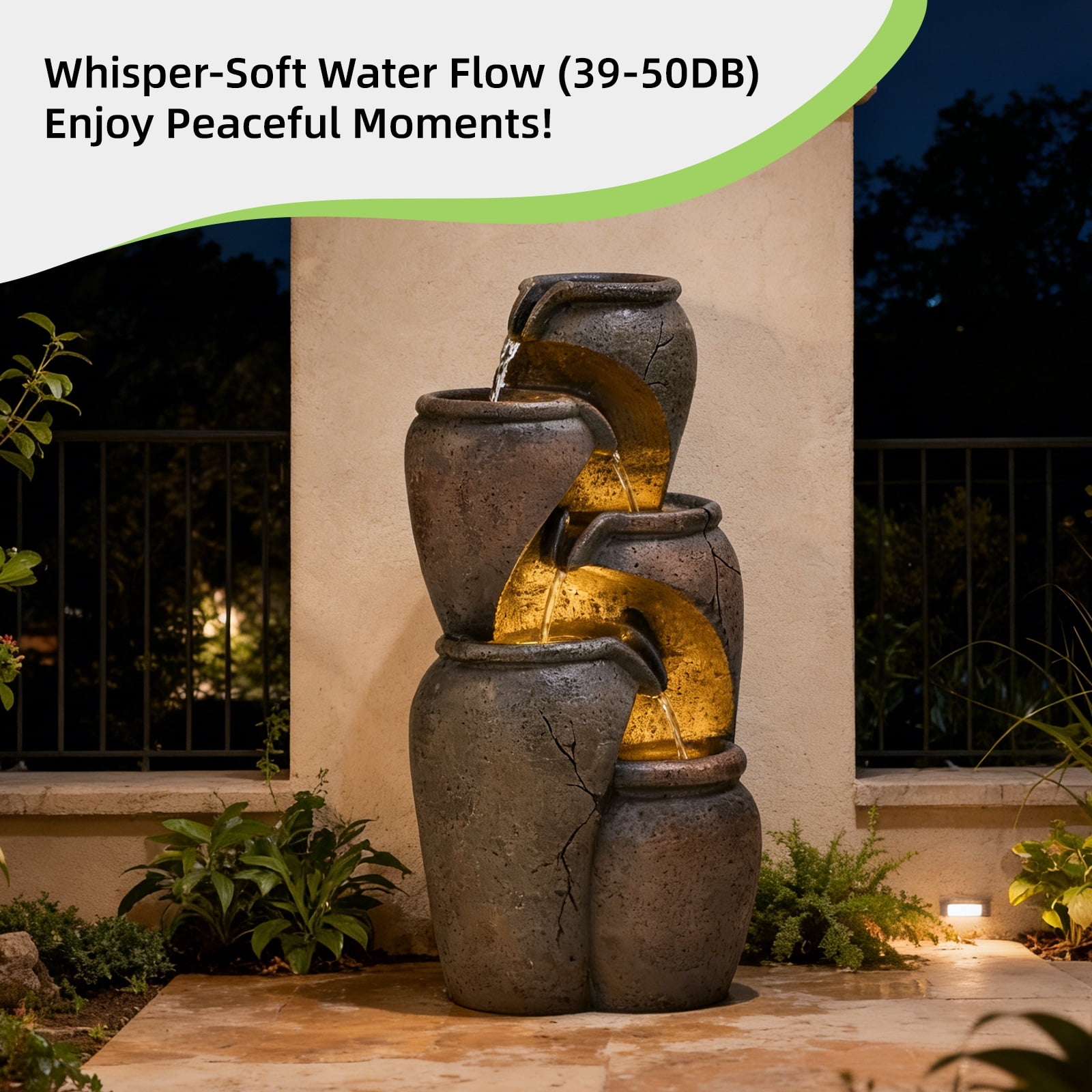 28" Outdoor Garden Water Fountain for Patio, Backyard, Deck, Porch and Home Decor, 4 Tiers Cascading Clay Pot Fountain with Lights & Pump