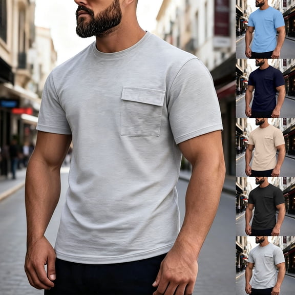 Men's T-Shirt Pocket Short Sleeve Shirts Running Athletic Workout Active Sun Protection Quick Dry Big and Tall Size S-3XL Sky Blue