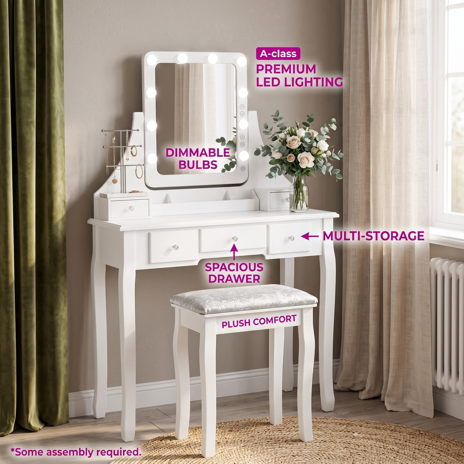 Furnibear Vanity Dressing Table Set with 10 Dimmable Bulbs and Cushioned Stool, 5 Drawers, Rotating Makeup Mirror for Bedroom, White
