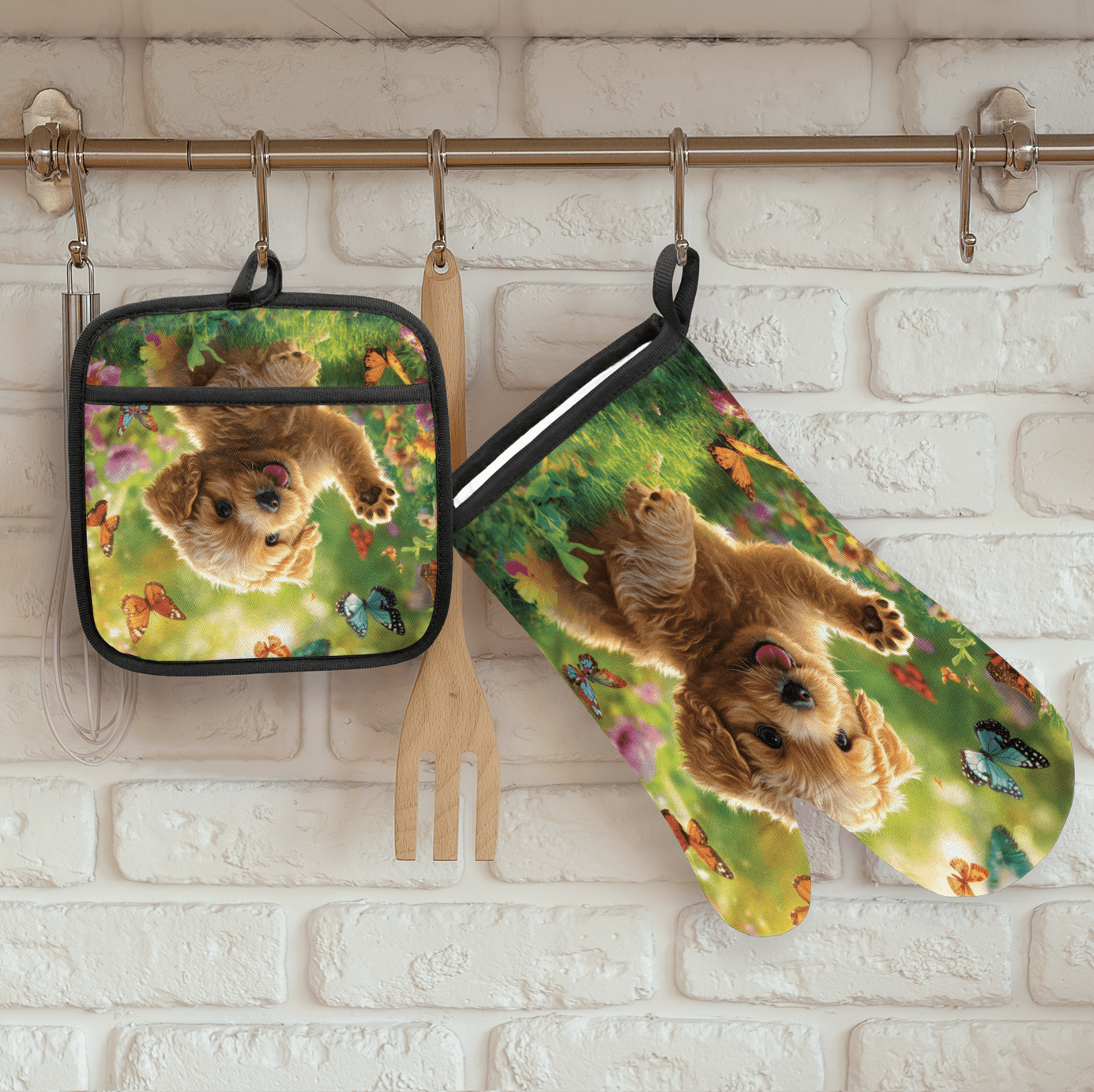 CURLYOOT Cute Dog with Butterfly Oven Mitts and Pot Holders Sets of 2, Non-Slip Washable Hot Pads and Oven Gloves for Kitchen Cooking Baking