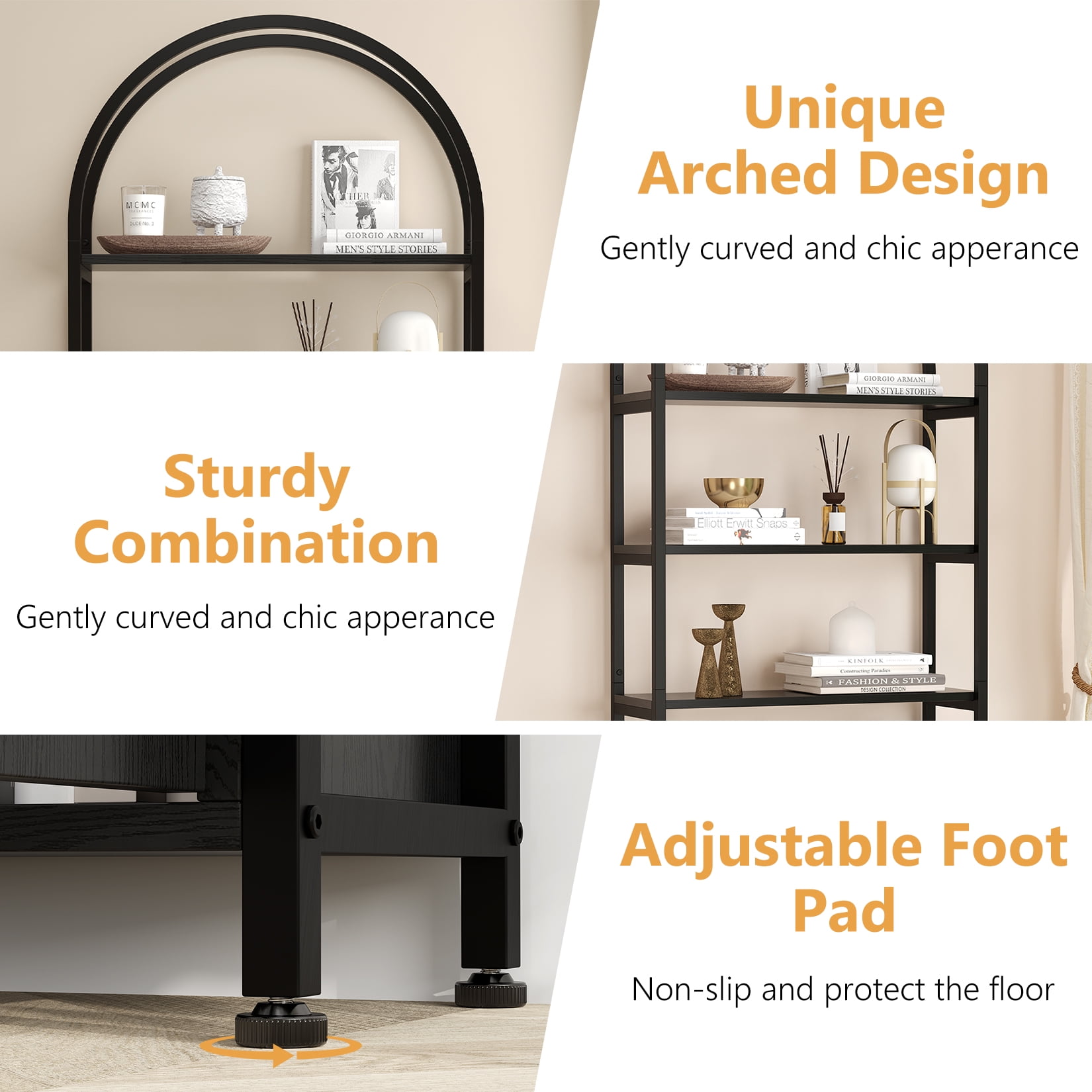 Towallmark 4-Tier Gold Bookshelf with Doors StorageBook Shelf, 71.5“ Tall Arched Book Shelf with Studry Metal Frame and Quality Board for Bedroom Living Room