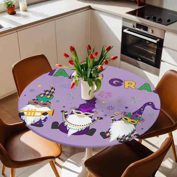 Round Fitted Tablecloth with Elastic Edge, Mardi Gras Cartoon Cute Dwarfs Fitted Table Cloth for Round Tables, Purple Waterproof Tablecloth for Outdoor Picnic Party 36-44in