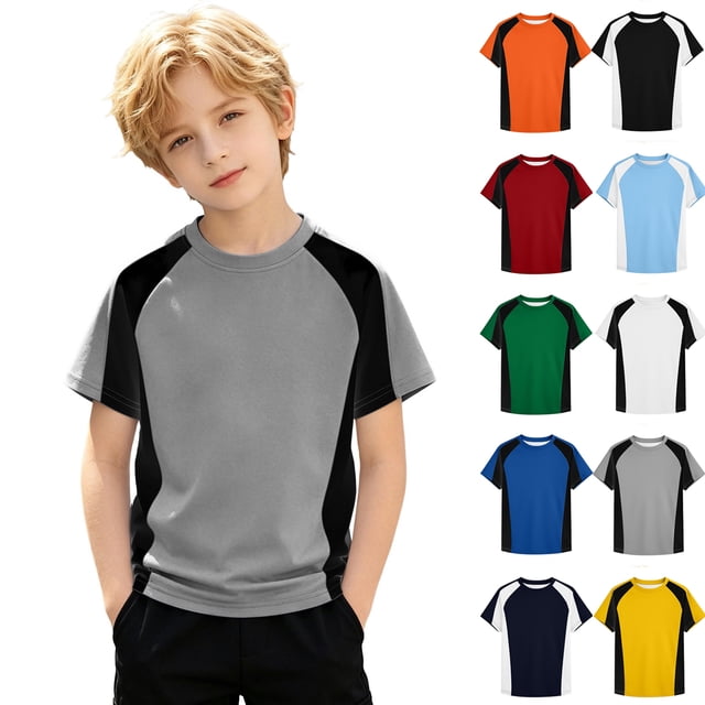 WENXIAOO T-Shirts à Manches Courtes pour Garçons, T-Shirts d'Été pour Enfants à Col Rond, T-Shirts Basiques, Hauts Décontractés, T-Shirts à Blocs de Couleur Tendance