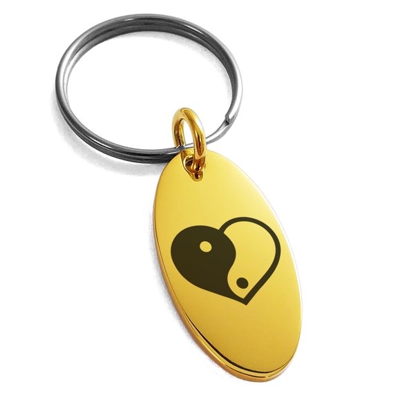 Stainless Steel Yin Yang Heart Engraved Small Oval Charm Keychain Keyring