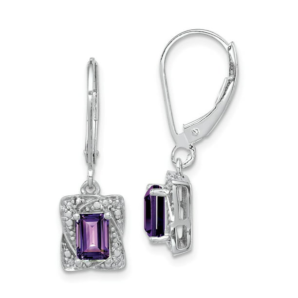 Solid 925 Sterling Silver Diamond and Amethyst Purple February Gemstone  Earrings - 26mm x 8mm (.03 cttw.)