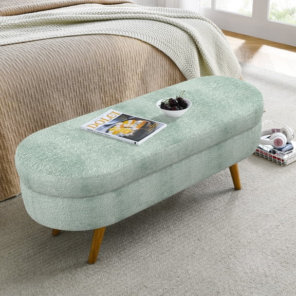Ottoman Oval Storage Bench, Rubber Wood Legs, Cyan(43.5"x16"x16")