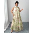 thumbnail image 6 of Green Floral Mesh Sleeveless High-Neck Tiered Maxi Dress For Women, 6 of 6