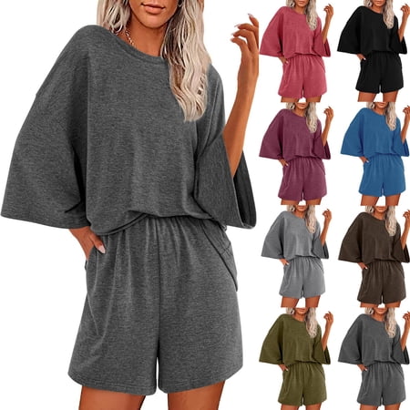 BiZtdJrK Womens Loose Summer Outfits Drop Shoulder Short Sleeve Crew Neck Tops and Shorts 2 Piece Sets Solid Comfy Sweatsuits with Pockets Black XL