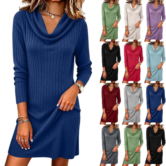 Tqcoqu Women's Turtleneck Dresses 2026 Winter Long Sleeve Ribbed Knit Comfy Loose Casual Tunic Short Dress