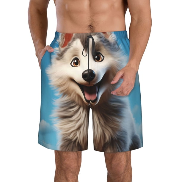 Fotbe Blue Sky Cute Wolf Trajes de Baño Estampados para Hombre, Shorts de Verano de Secado Rápido, Ropa de Playa, Bañadores-Large