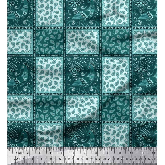 Soimoi Silk Fabric Peacock,Check & Paisley Patchwork Printed Craft Fabric by The Yard 42 Inch Wide