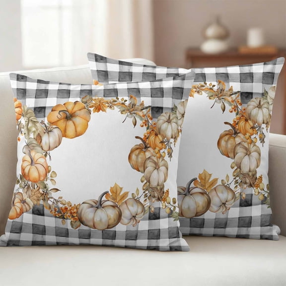 Pack of 2 Outdoor Pillow Covers 20x20 Inch Waterproof Black Plaid Thanksgiving Throw Pillow Covers,Decorative Couch Pillow Shams Protectors Fall Pumpkins Wreath Patio Pillowcases Cushion Covers