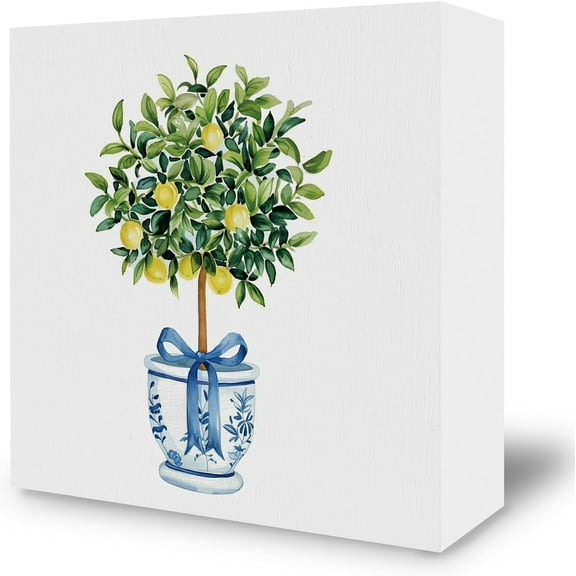 Chinoiserie Desk Decor Decorations - Lemon Tree Preppy Wooden Box Sign, Blue and White Coquette Trendy Wood Block Plaque Box Sign for Grand Millenial Home Decoration, 5×5 Inch