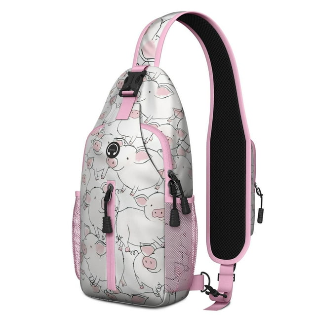 Pig Print Sling Backpack Lightweight Crossbody Daypack with Cute Farm Animal Cartoon Pattern Watercolor Floral and Abstract Design Funny and Aesthetic Artistic Print Anti-theft Travel Bag for Daily Us