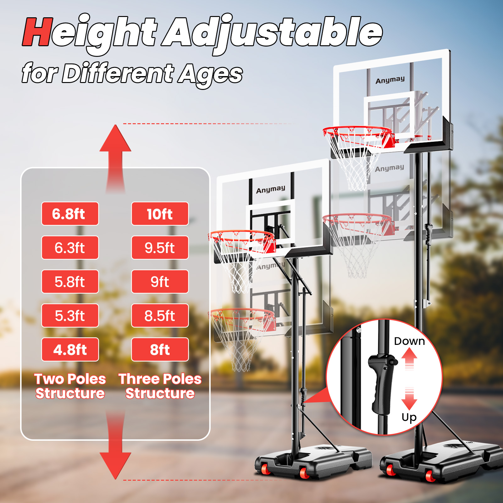 Basketball Hoop Outdoor 44 Inch Shatterproof Backboard 4.8-10ft Height Adjustable Portable Basketball Hoop Goal System for Kids Youth Adults Play in Backyard/Courts/Indoor