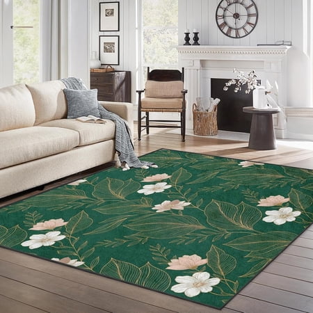 Area Rugs Washable Rug Botanical Gold Emerald Stain Resistant Non Slip Backing Floral Vintage Carpet for Living Room Bedroom Dining Room-3 x 4