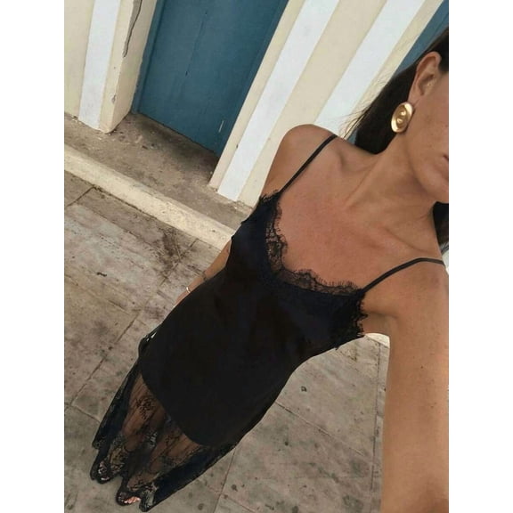 Women's Black Lace Trim Spaghetti Strap Maxi Dress Sheer Mesh Sleeveless Slim Fit Long Slip Dress for Party Night