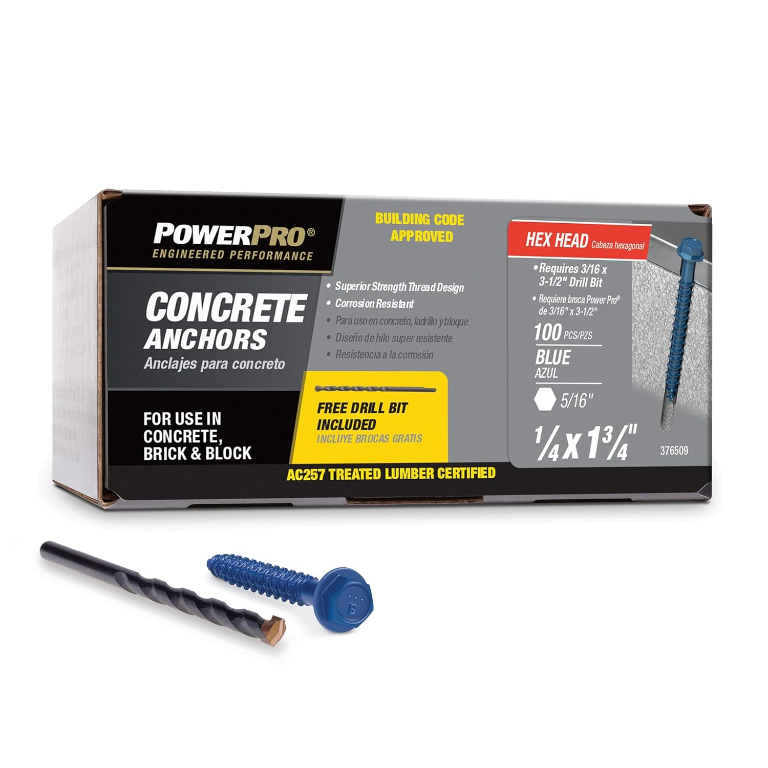 Hillman Fasteners 376509 0.25 x 1.75 in. Power Pro Blue Hex Washer-Head Concrete Screw Anchors - Blue