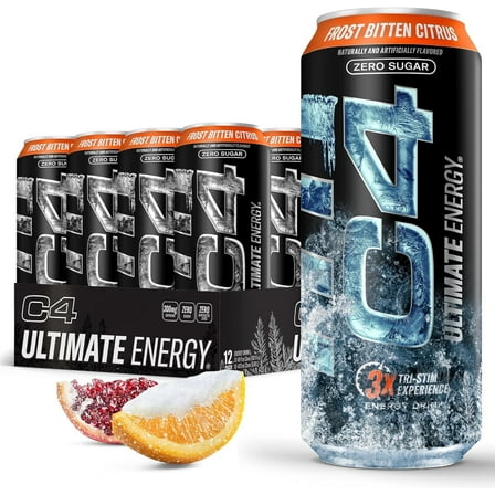 C4 Ultimate Energy Drink, Frost Bitten Citrus Flavor, Zero Sugar, Carbonated, 16 oz can (12 Pack)