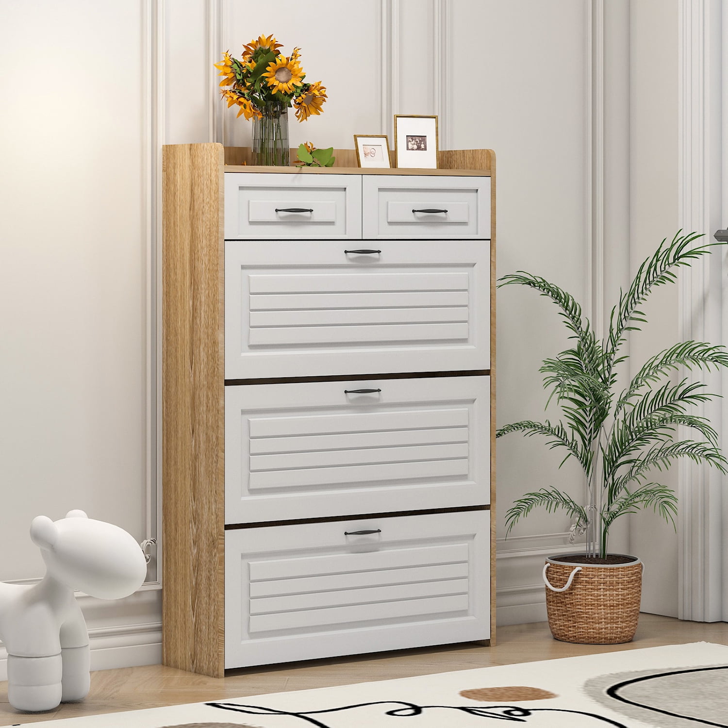 Kadyn Shoe Rack with 3 Doors, Shoe Organizer, White & Oak Color Shoe Cabinet with 2 Drawers Kadyn Shoe Rack with 3 Doors, Shoe Organizer, White & Oak Color Shoe Cabinet with 2 Drawers