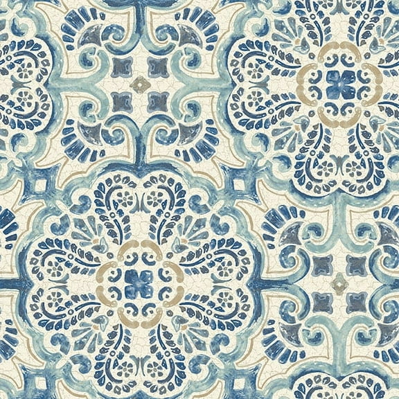 NuWallpaper Blue Florentine Tile Vinyl Peel And Stick Wallpaper, 216-in by 20.5-in, 30.75 Sq. ft. 1 count