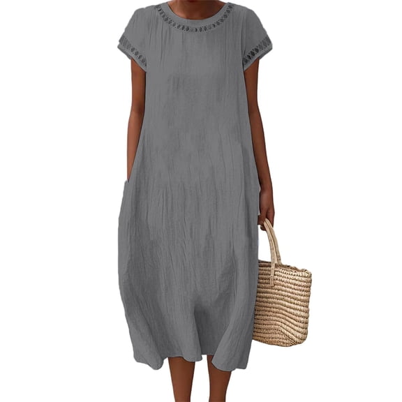 Fewfanhot Casual Dresses for Women Casual Short Sleeve Pleated Maxi Dress Loose Fit Crewneck Flowy Long Dress with Pockets