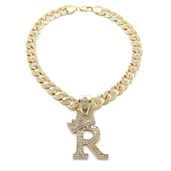 iJewelry2 Kings and Queens Crowned Initial Letter R Crystals Pendant Gold-tone Cuban Linked Chain Necklace