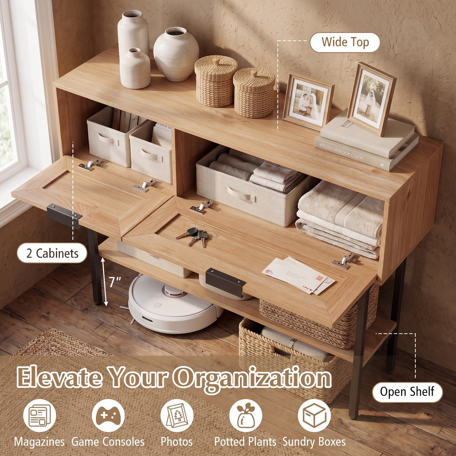 Furnibear Rattan Console Table with 2 Storage Drawers and Open Shelf and Carbon Steel Frame for Entryway and Hallway, Natural
