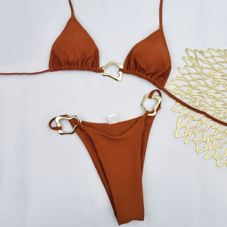 Jjayotai No Boundaries Bikini Sets for Women  Thong Cheeky Two Piece Swimsuit  Ring Linked Halter Push Up Sexy Bathing Suits  Women s Swimwear Coffee~ M