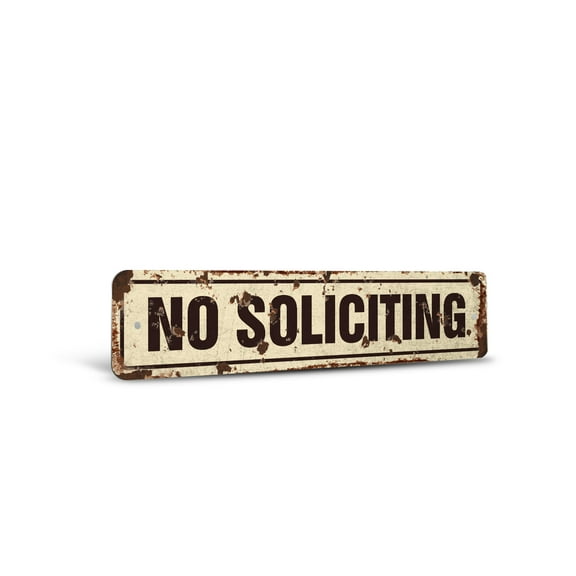 NO SOLICITING Vintage Style Rustic Street Sign – SOLICITING SIGN Solicitation Keep Stay Retro Decorative Wall Sign for Home, Bar, Garage, or Outdoor Use | 4" X 18" Plastic Road Sign