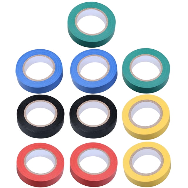 10 rollos Cinta impermeable útil Cinta aislante eléctrica duradera para uso industrial en el hogar (verde, azul, amarillo, y rojo cada 2 piezas)
