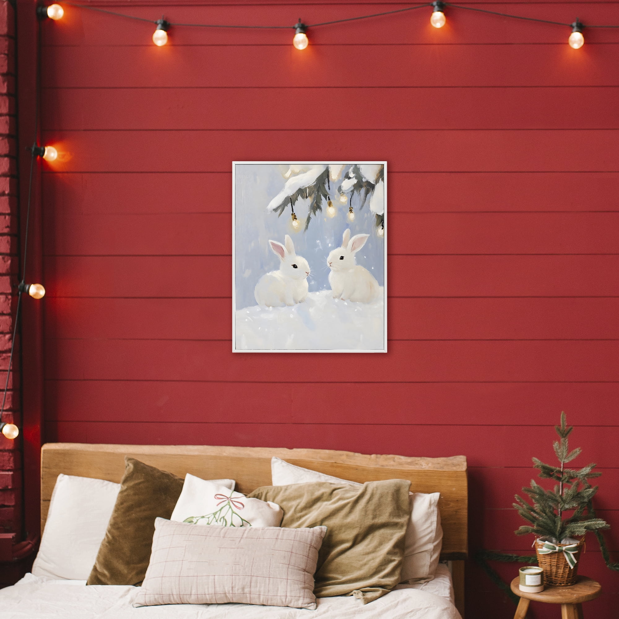 Stupell Industries Winter Bunnies Under Twinkling Lights White Framed Giclee Art, design by The Prints Vibe